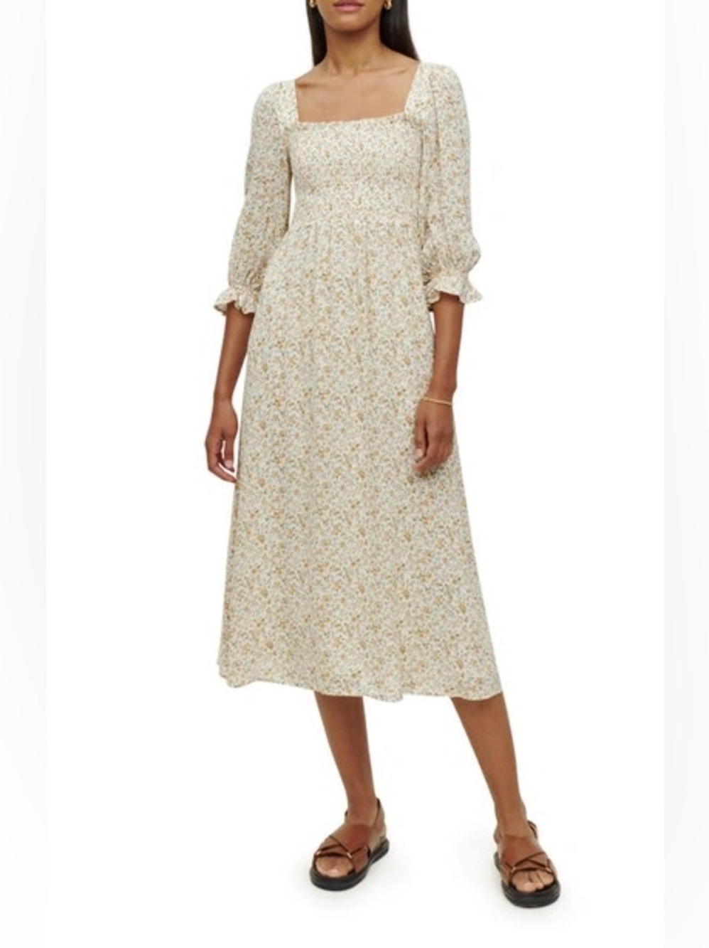 Reformation Yellow Floral Smocked Puff Sleeve Midi Dress NWOT Size L⁠